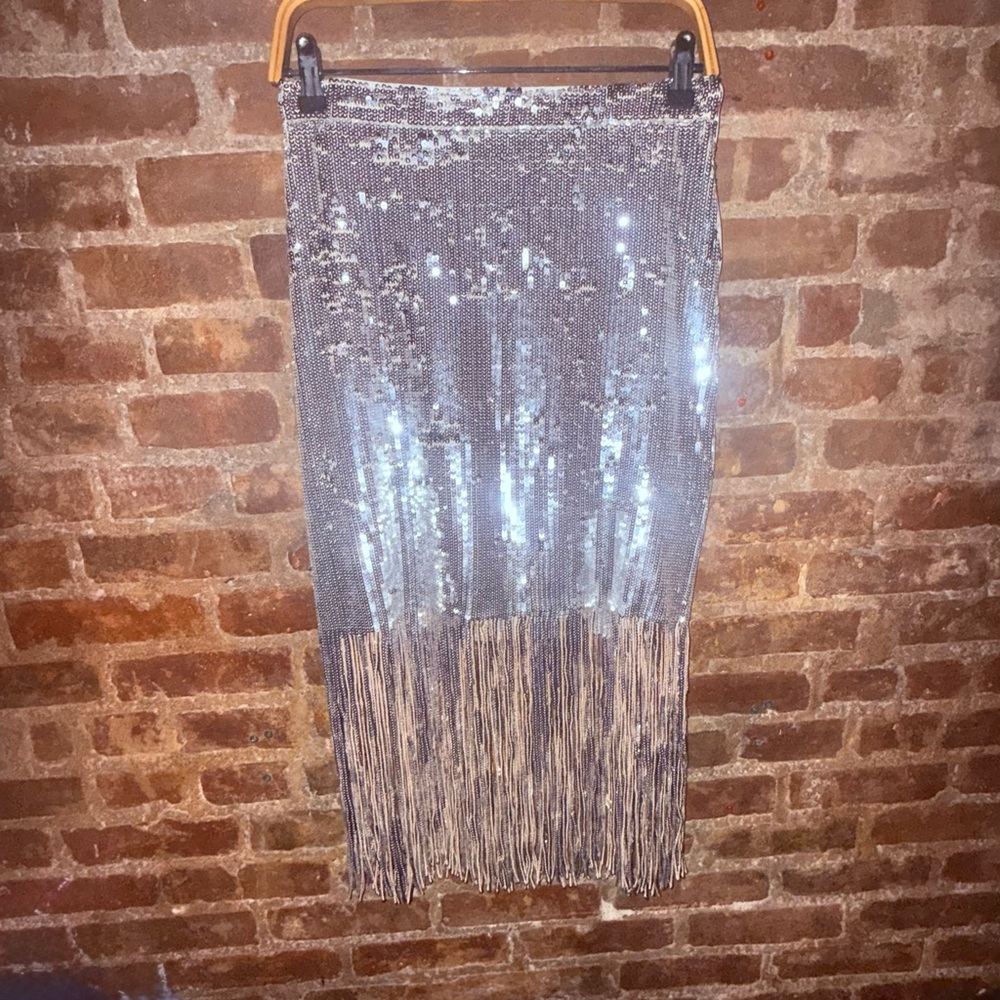 H&M Silver Sequin Pencil Skirt with Fringe